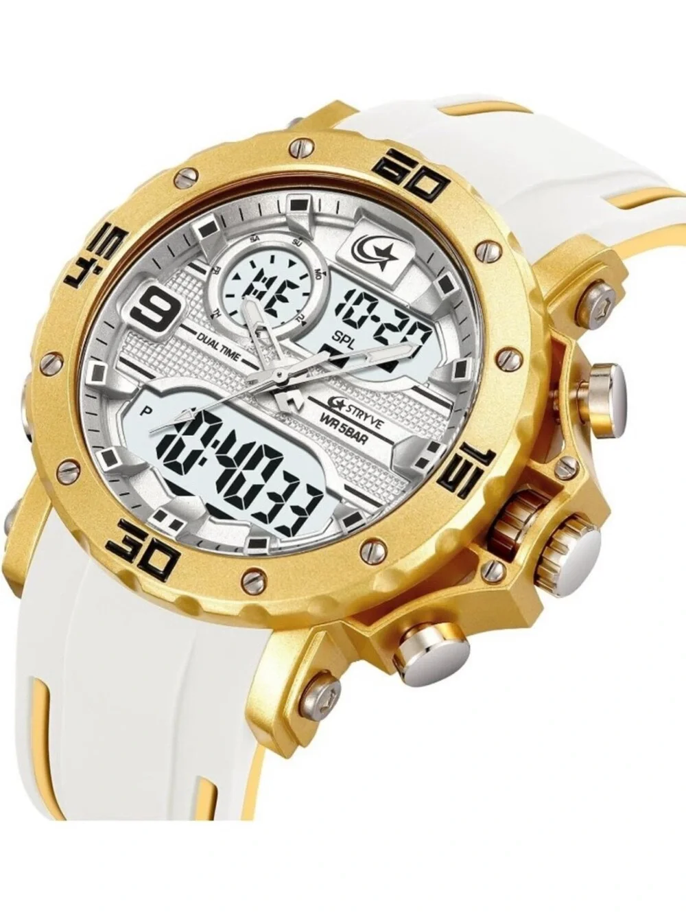 Men's White Analog Quartz Silicone Band Waterproof Multifunction Digital Watch